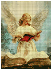 Thumbnail for Timanttimaalaus mallikuva – lempeä enkeli suurten siipien kanssa, antiikkiset kirjat ja vaalea taivaallinen taustavalo.