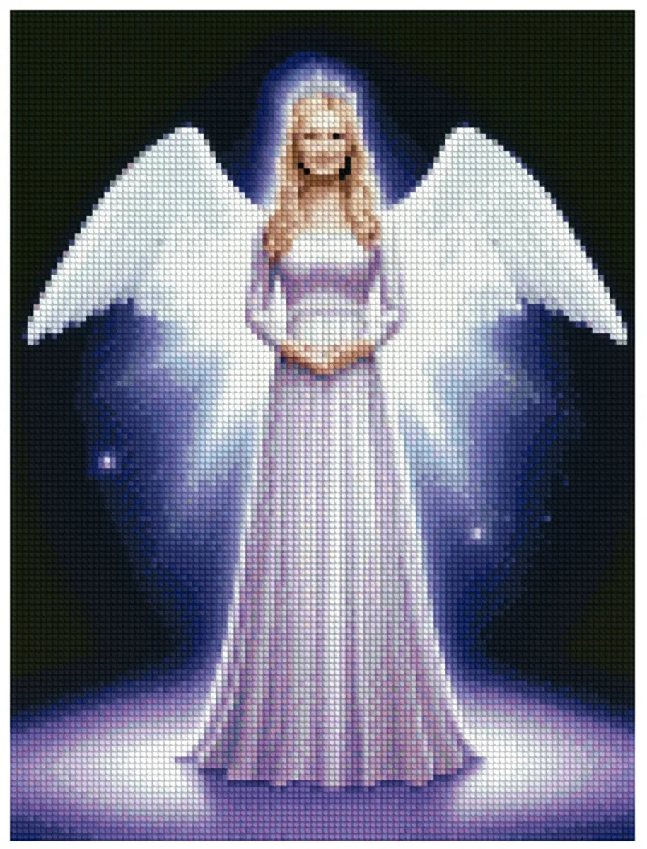 Timanttimaalaus mallikuva – lempeä, pitkähelmainen enkeli hohtavissa valkoisissa siivissä, violetti valokehä taustalla ja rauhallinen, henkinen tunnelma.