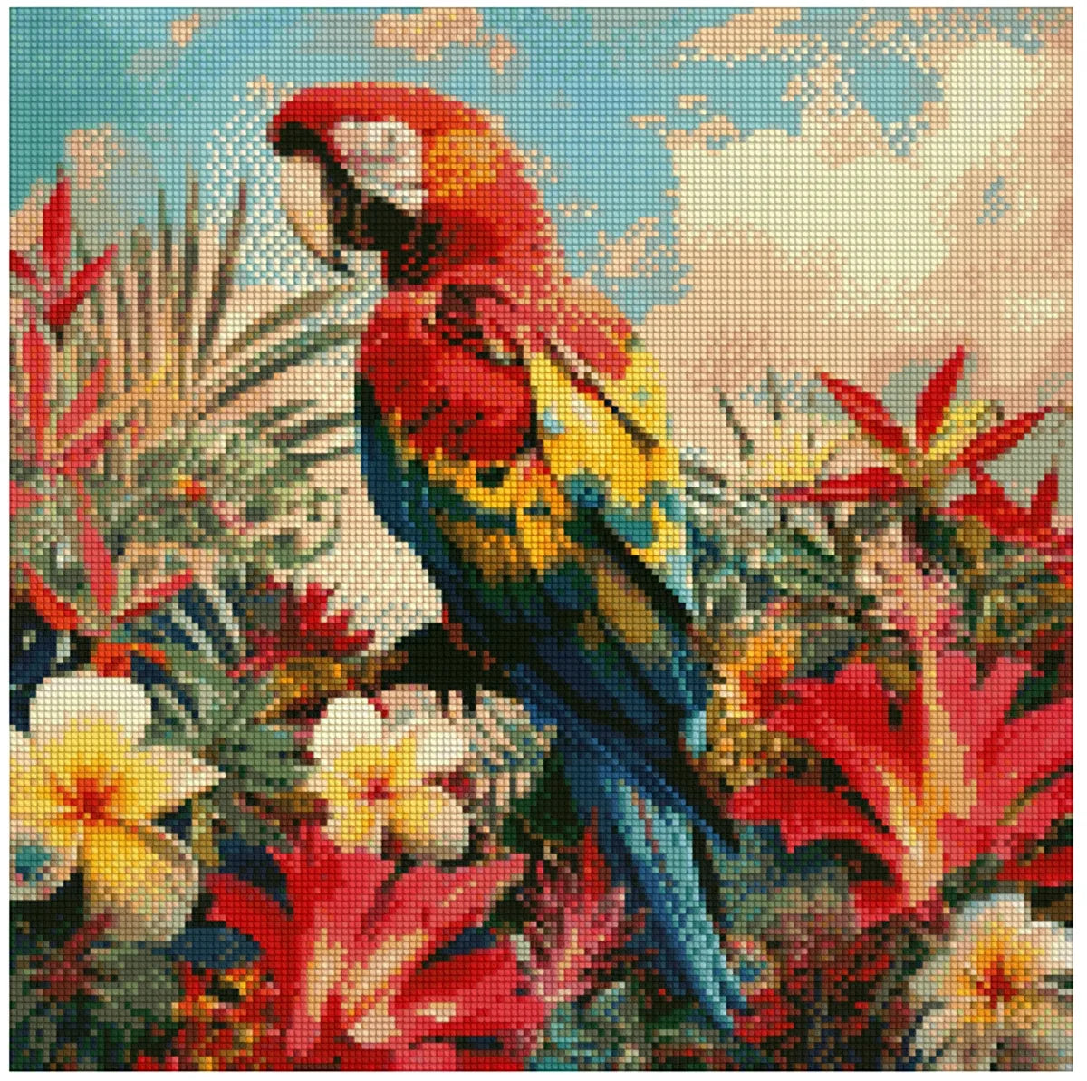 Timanttimaalaus mallikuva – värikäs arotsikki trooppisessa kukkameressä, kirkkaat punaiset ja keltaiset sävyt sekä aurinkoinen tausta.