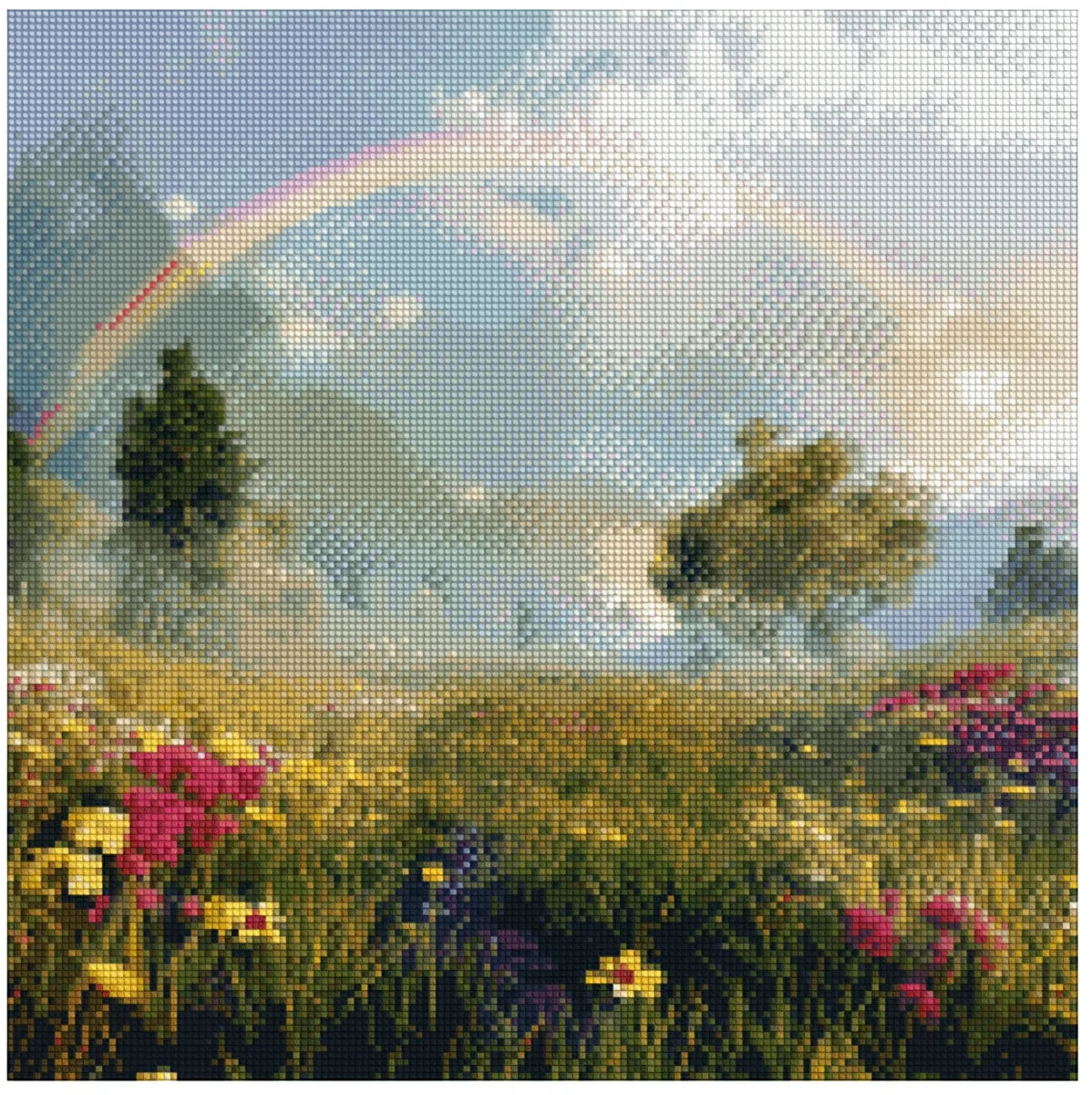 Timanttimaalaus mallikuva – värikäs sateenkaari sinitaivaalla, kukkiva niitty etualalla ja pehmeä sumuinen maisema horisontissa.