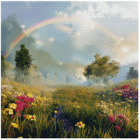 Thumbnail for Timanttimaalaus mallikuva – värikäs sateenkaari sinitaivaalla, kukkiva niitty etualalla ja pehmeä sumuinen maisema horisontissa.