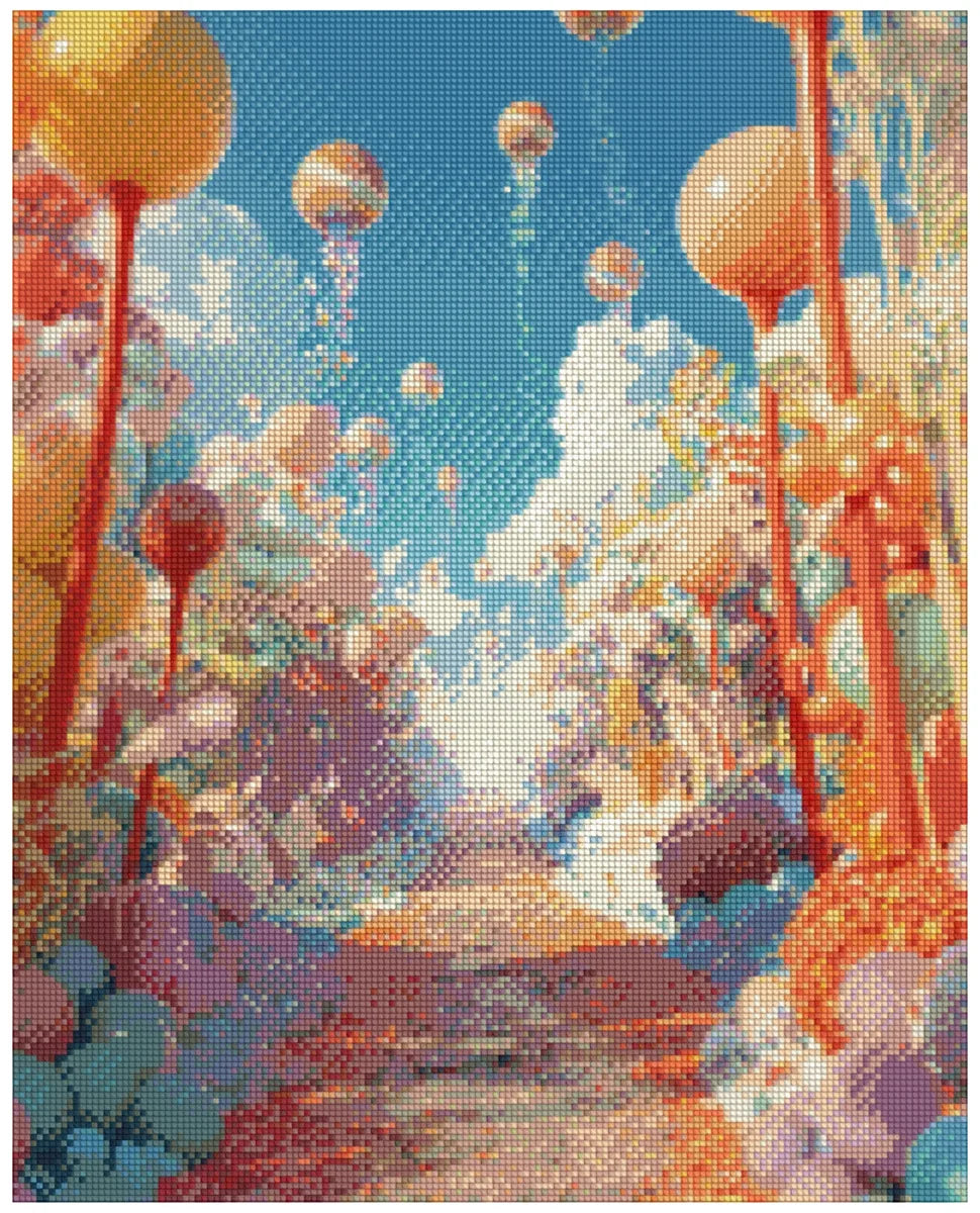 Timanttimaalaus mallikuva – surrealistinen, kirkas maisema, jossa polku johtaa eteenpäin pilvien ja erilaisten korallin/sienen muotoisten kasvustojen keskelle, oranssinväriset, palloa muistuttavat esineet nousevat taivaalle.