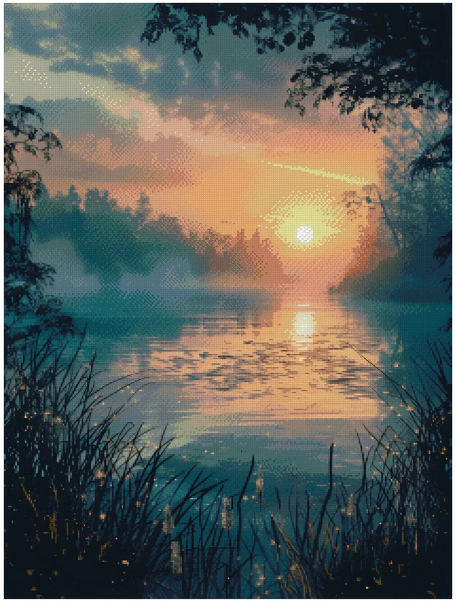 Timanttimaalaus mallikuva – dramaattinen auringonnousu tai -lasku lämpimin oranssin ja keltaisen sävyin heijastuen turkoosinsinisestä joesta, etualalla tummaa ruohikkoa ja sumua.