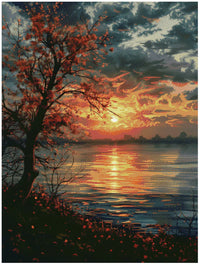 Thumbnail for Timanttimaalaus mallikuva – puu punaisine lehtineen heijastuu tyynestä vedestä, horisontissa intensiivinen auringonlasku oranssin, keltaisen ja tummanpunaisen sävyissä, synkät pilvet ylhäällä.