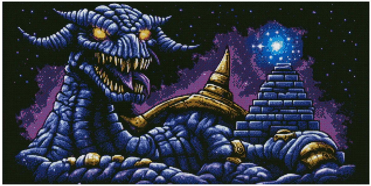 Timanttimaalaus mallikuva – uhkaava, sinivioletti lohikäärme keltaisin silmin, pyörre tähdistä taustalla luovat synkän fantasia-asetelman.