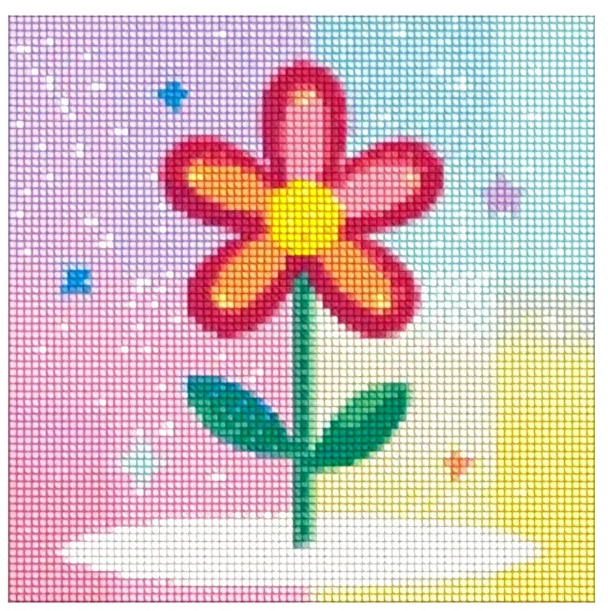 Timanttimaalaus mallikuva – tyylitelty, punakeltainen kukka vihreällä varrella, taustana neljä kirkasta pastellisävyä: violetti, sininen, keltainen ja pinkki, kuva on lapsenomainen ja iloinen.