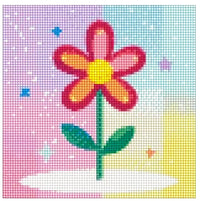 Thumbnail for Timanttimaalaus mallikuva – tyylitelty, punakeltainen kukka vihreällä varrella, taustana neljä kirkasta pastellisävyä: violetti, sininen, keltainen ja pinkki, kuva on lapsenomainen ja iloinen.