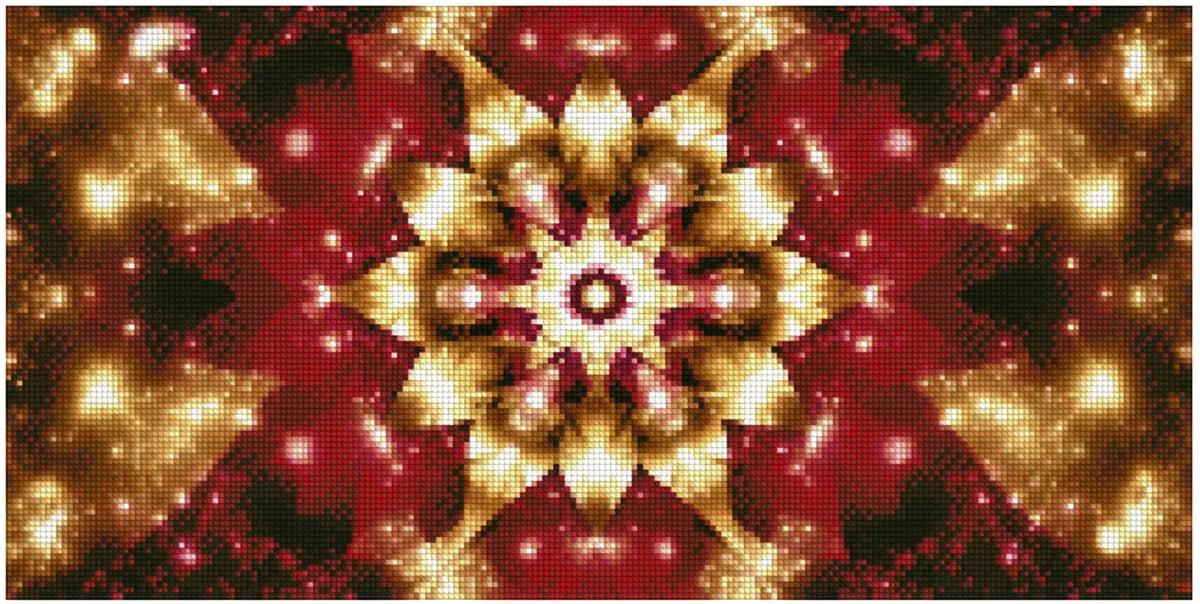 Timanttimaalaus mallikuva – symmetrinen sädehtivä  mandala-kuvio, jossa kultaiset terälehdet ja syvänpunainen tausta hehkuvat jalokivimäisesti.