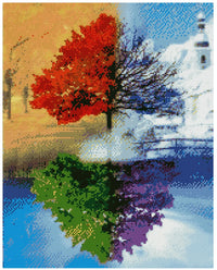 Thumbnail for Timanttimaalaus mallikuva – yksi puu jaettu neljään vuodenaikaan, kirkas syksyn oranssi, talven sininen, kevään vihreä ja kesän violetti hehku heijastuksineen.