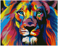Thumbnail for Timanttimaalaus mallikuva – värikäs leijonan kasvokuva pop-art-tyyliin, kirkkaat sinisen, keltaisen ja pinkin sävyt luovat voimakkaan ja energisen ilmeen.