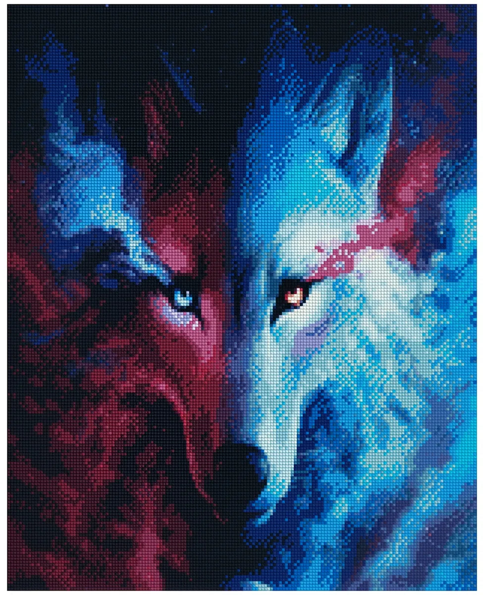 Timanttimaalaus mallikuva – dramaattinen kaksivärinen susi, sinisen ja purppuran vastavärit jakavat hahmon kahtia ja katse on intensiivinen sekä hehkuva.