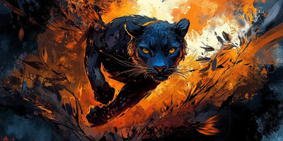 Fireborn Hunter -timanttimaalaus: musta pantteri hyökkää eteenpäin oranssin ja sinisen väriräjähdyksen läpi
