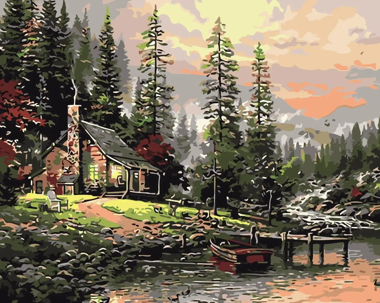 Metsämökki järven rannalla iltavalossa, ympärillä korkeita puita ja kukkia, numeromaalaus.