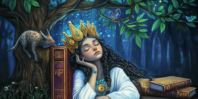 Forest Majesty -timanttimaalaus: nukkuva prinsessa kirjojen keskellä satumaisen metsän siimeksessä