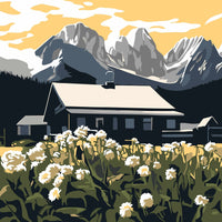 Thumbnail for  Kuvassa on kukkainen niitty, jonka taustalla kohoaa vuoristomökki ja jylhiä vuoria. Taivas hehkuu lämpimissä keltaisen sävyissä.
