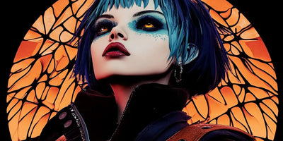 Gothic Diva -timanttimaalaus: naisen muotokuva sinivioletein lyhyin hiuksin ja lasimaalaustaustalla