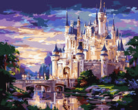 Thumbnail for Loistava satulinna kirkkaan veden äärellä, iltavalaistuksessa hohtava taianomainen numeromaalaus.