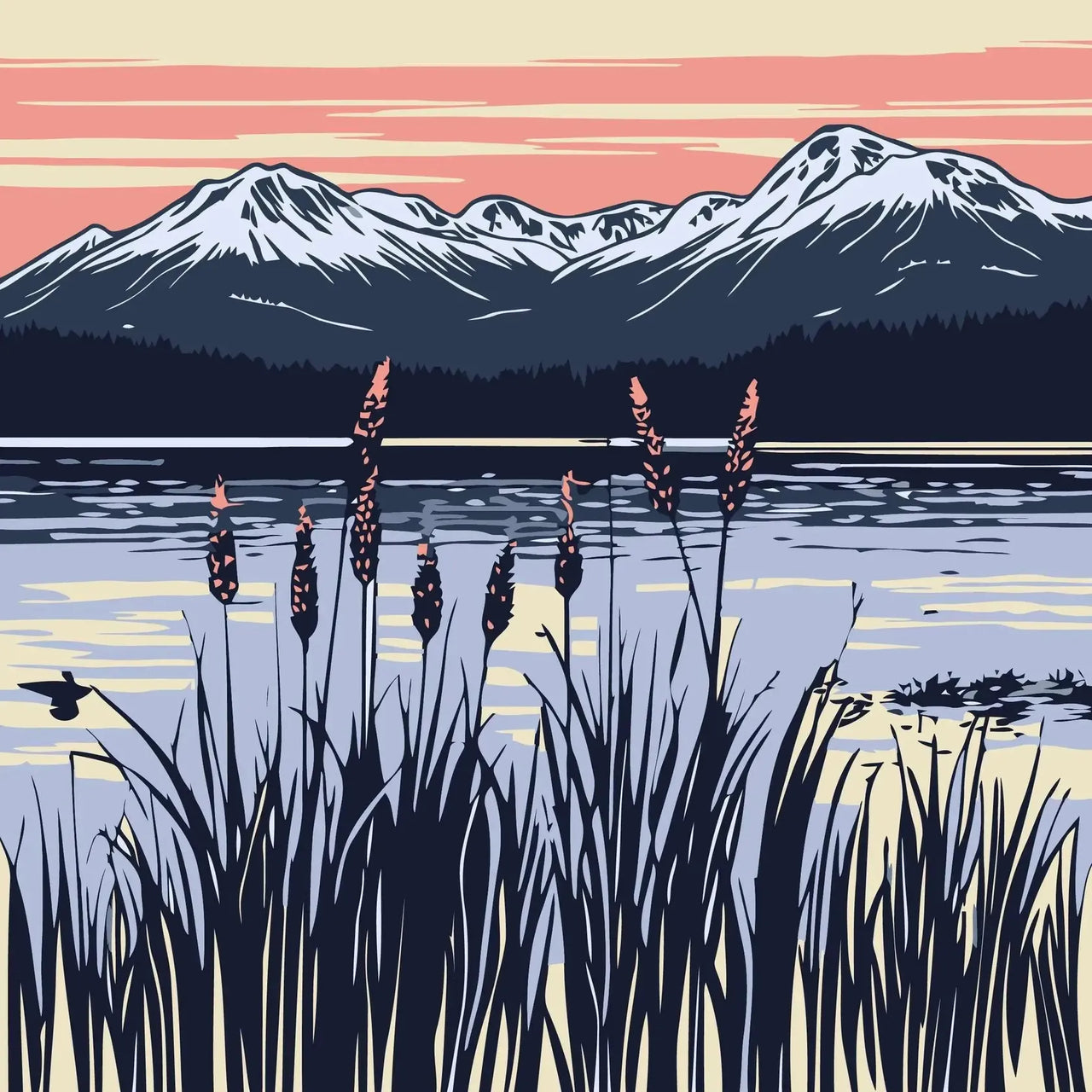 Kuvassa on järvimaisema, jossa heinikot reunustavat vettä. Taustalla näkyy vuoria ja lämpimät auringonlaskun sävyt.