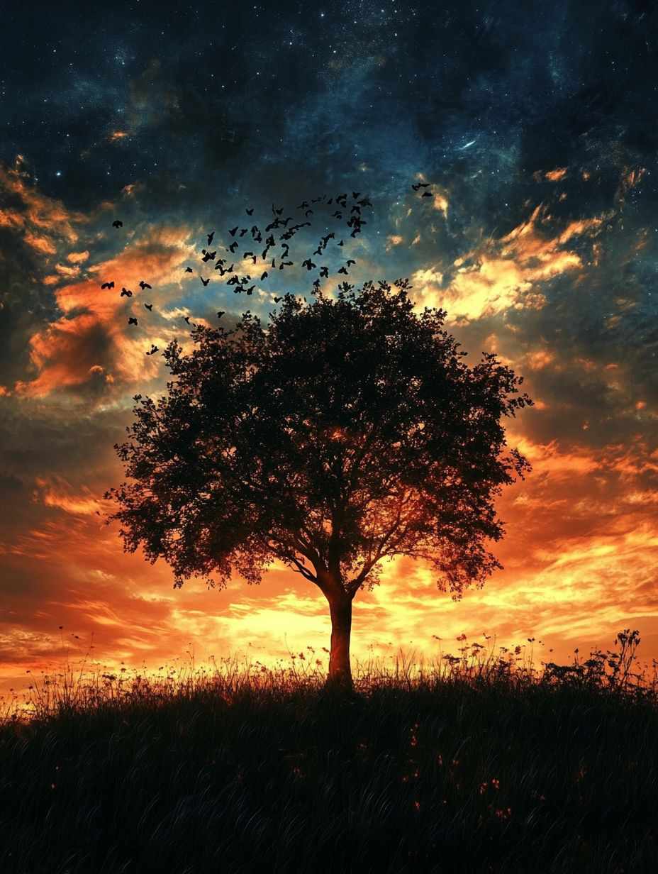 Kukkulalla seisova yksinäinen puu, taustallaan hehkuva oranssi auringonlasku ja tummansininen tähtitaivas, joka luo rauhallisen ja mystisen tunnelman.