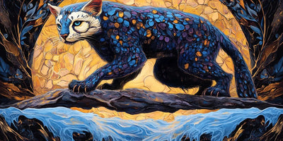 Mystic Feline -timanttimaalaus: kissa sinimosaiikkikuvioisella turkilla ja kultaisella kehätaustalla