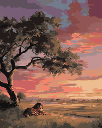 Thumbnail for Tiikeri savannilla iltaruskossa