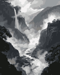 Thumbnail for Misty Waterfall Valley -numeromaalaus – sumuinen vesiputousmaisema