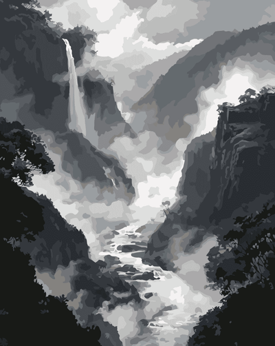 Misty Waterfall Valley -numeromaalaus – sumuinen vesiputousmaisema