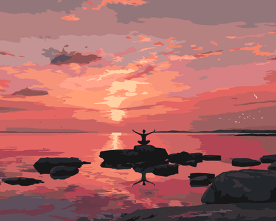 Meditaatio auringonlaskun rannalla