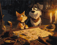 Thumbnail for Kynttilänvalossa kissa ja koira kartan äärellä - renderöinti valmiista numeromaalauksesta