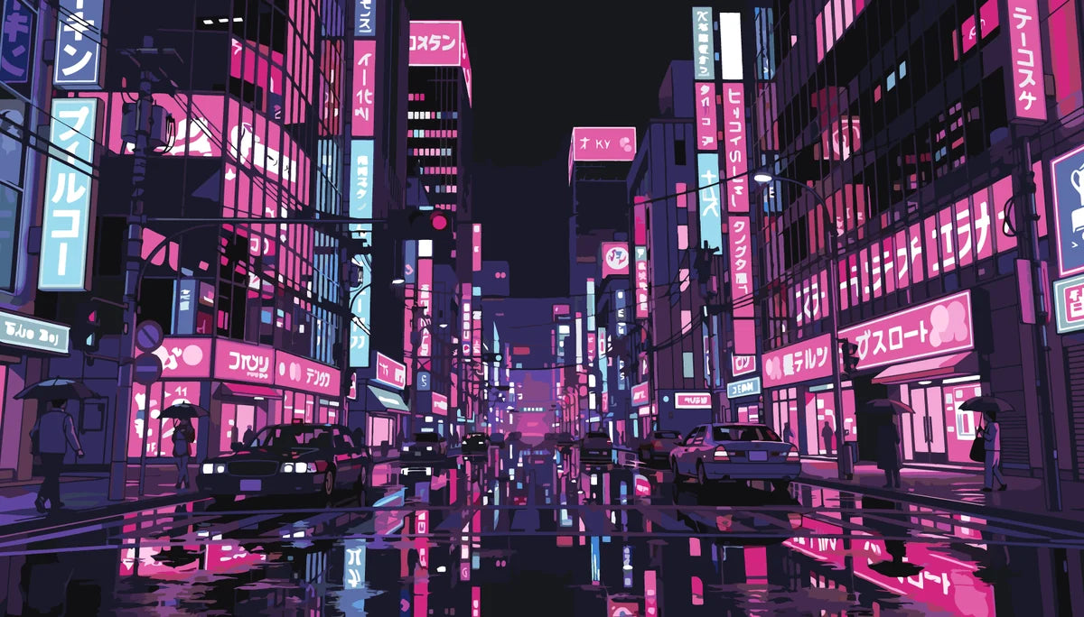 Neonkaupunki numeromaalaus - heijastuksia ja valoja yössä.