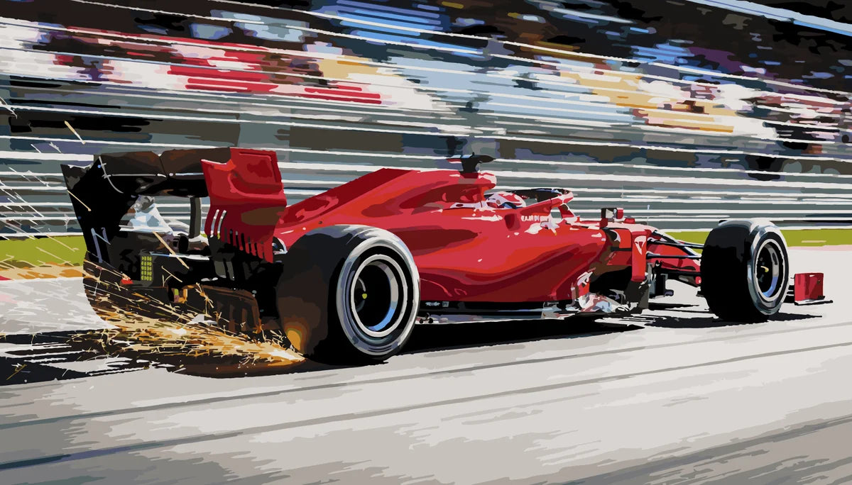 Kilpa-auto numeromaalaus - punainen auto radalla kipinöiden kanssa.