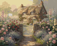 Thumbnail for Numeromaalaus mökki ja ruusut - kaunis puutarha kivimuurin edessä.