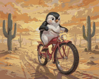 Thumbnail for Pingviini pyörällä numeromaalaus - hauska pingviini ajaa pyörällä aavikolla kaktusten keskellä.