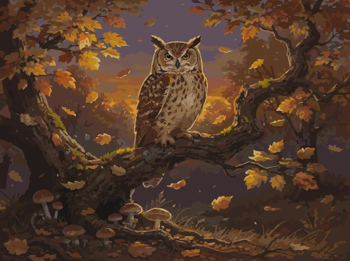 Pöllö syksyisellä oksalla numeromaalaus - upea syksyinen maisema.