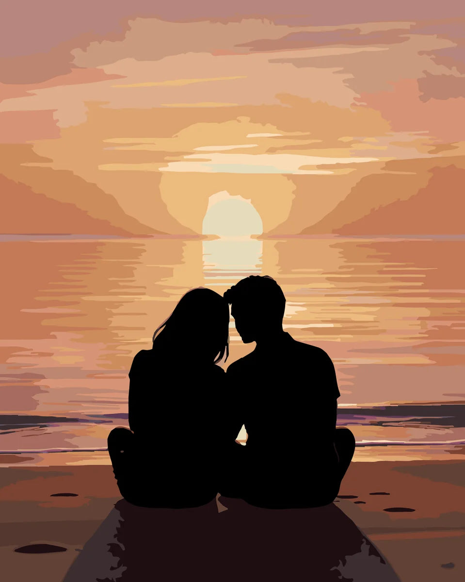 Pariskunta auringonlaskussa numeromaalaus - romanttinen hetki rannalla.