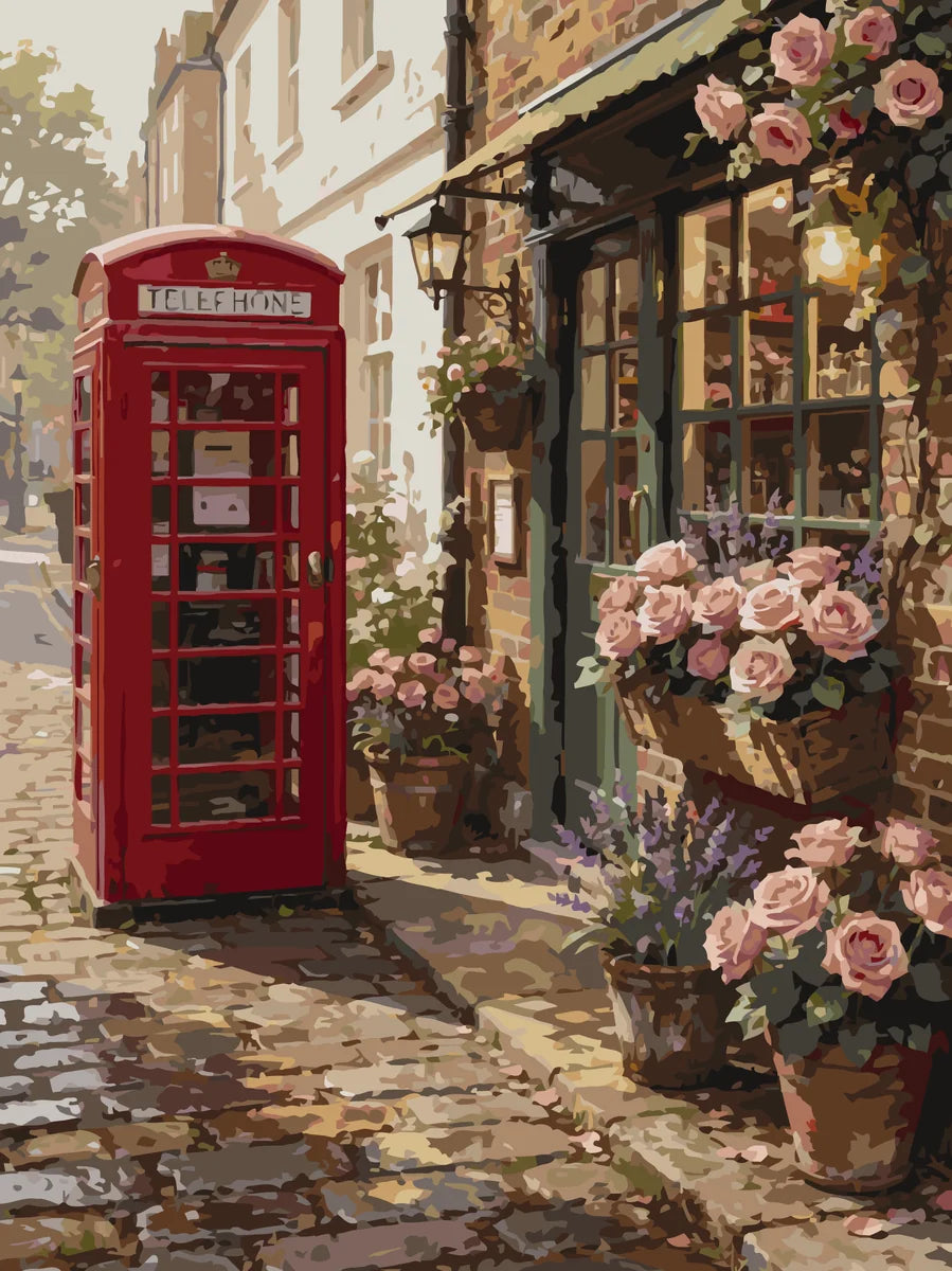 Punainen puhelinkoppi numeromaalaus - englantilainen katu kukka-asetelmilla