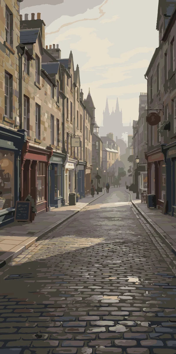 Historiallinen katunäkymä numeromaalaus - vanhanaikaiset rakennukset ja mukulakivikatu