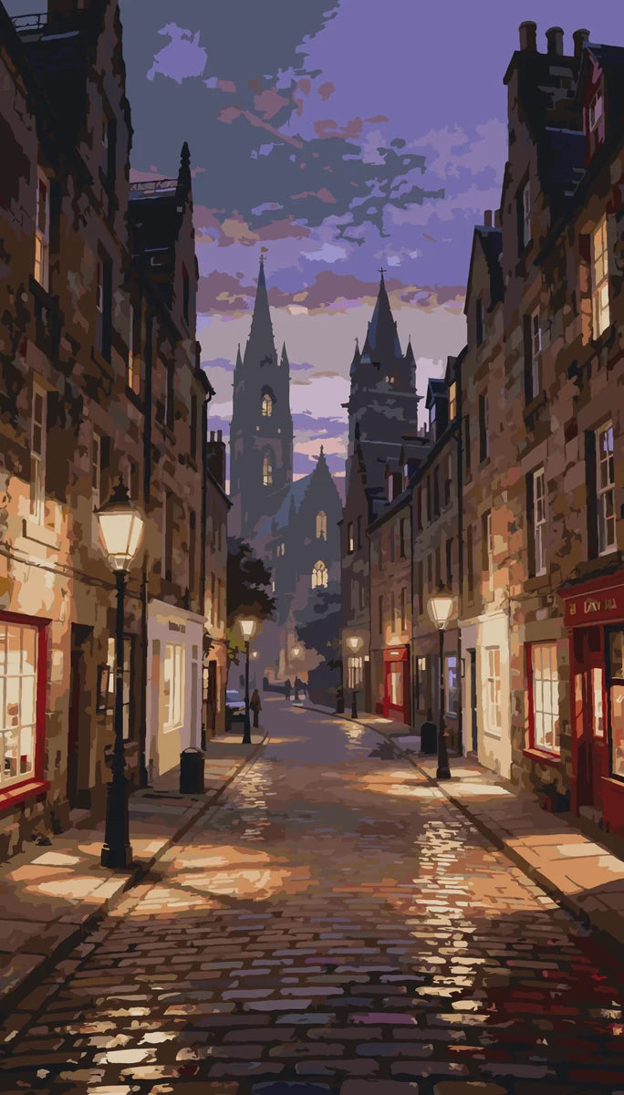 Kaupunkikatu numeromaalaus - tunnelmallinen iltanäkymä kivikadulla