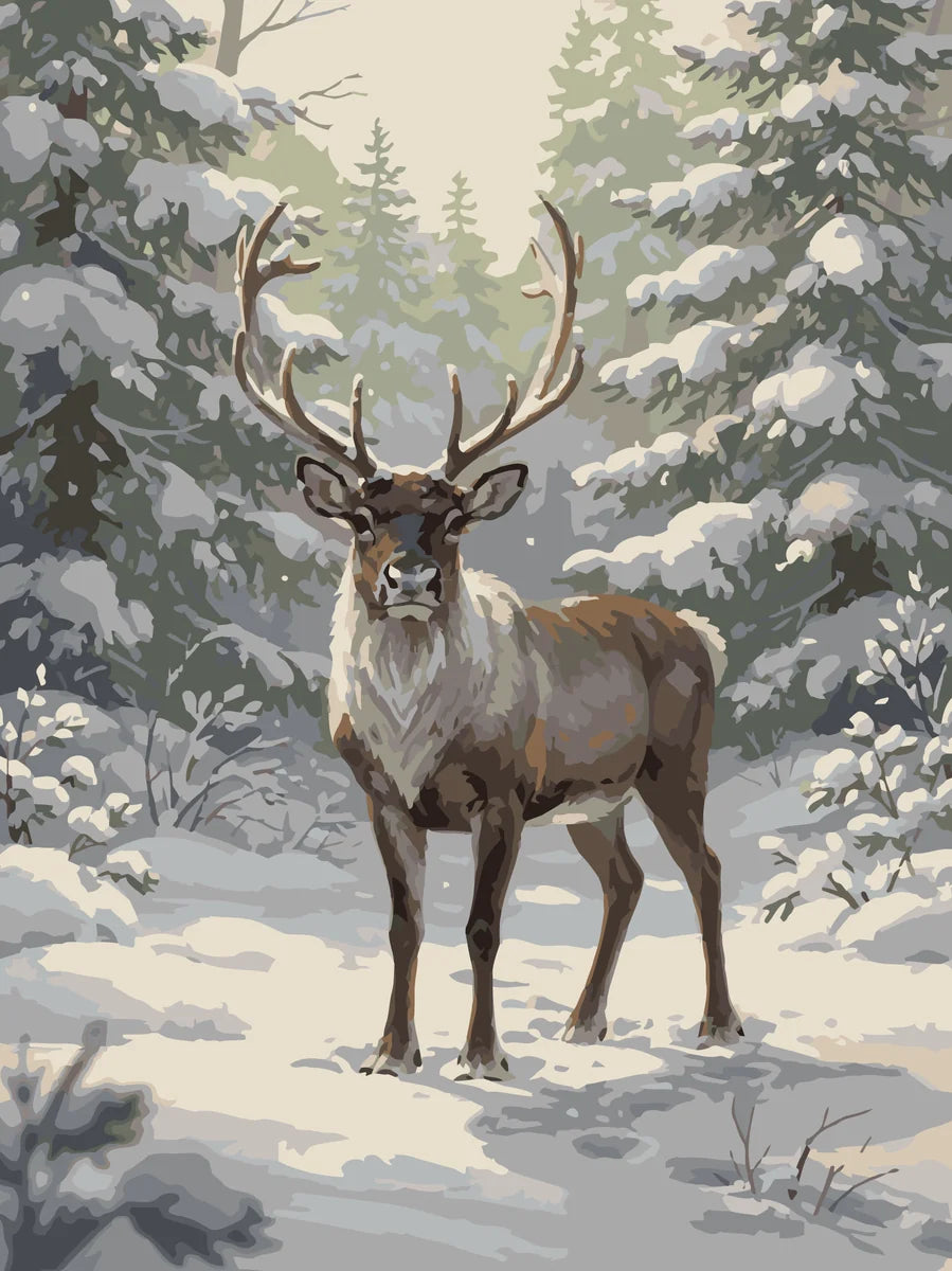 Poro lumisessa metsässä numeromaalaus - talvinen poro lumisessa ympäristössä.