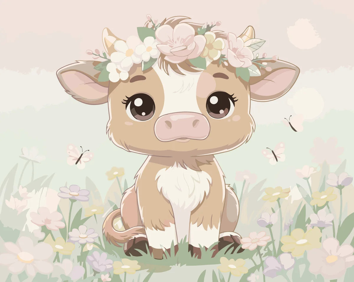 Lehmä numeromaalaus - suloinen lehmä kukkakruunulla ja perhosia.