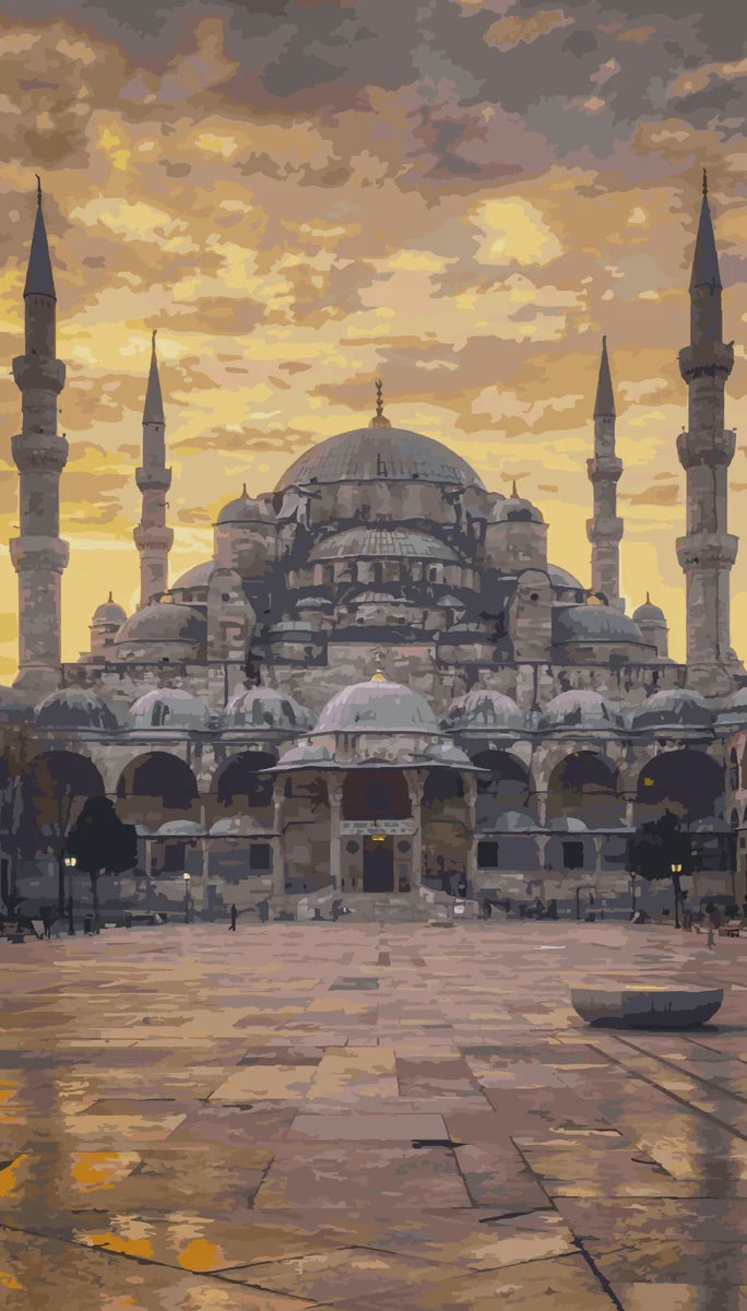 Istanbulin moskeija numeromaalaus - arkkitehtuurinen mestariteos auringonlaskussa.