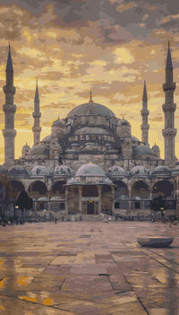 Thumbnail for Istanbulin moskeija numeromaalaus - arkkitehtuurinen mestariteos auringonlaskussa.