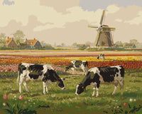 Thumbnail for Lehmät ja tuulimylly numeromaalaus - kaunis hollantilainen maisema kukkivilla pelloilla.