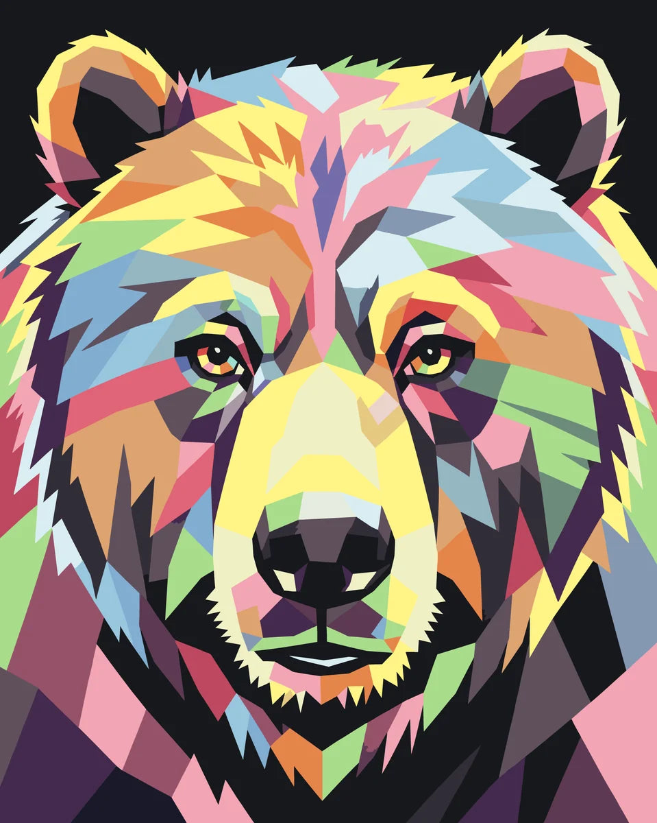 Geometrinen karhu numeromaalaus - värikäs karhu mustalla taustalla.