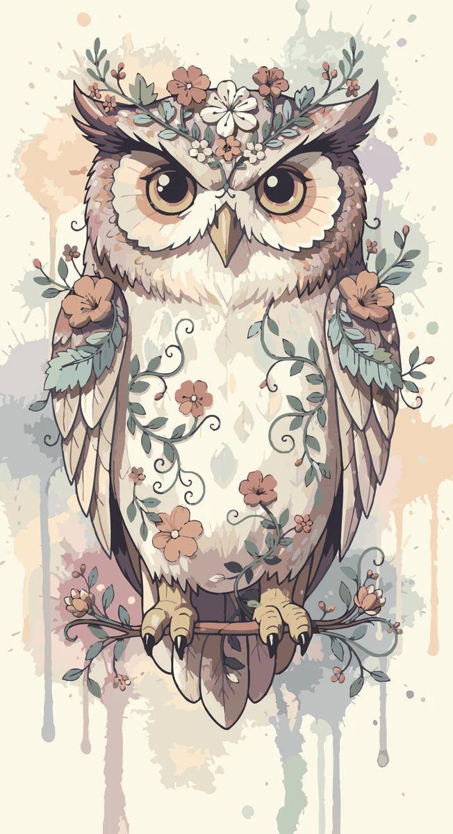 Pöllö kukilla numeromaalaus - kaunis kuvio kukilla koristellusta pöllöstä.