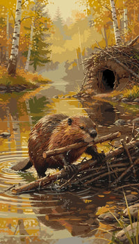 Thumbnail for Numeromaalaus majavasta rakentamassa patoa syksyisessä metsässä joen rannalla.