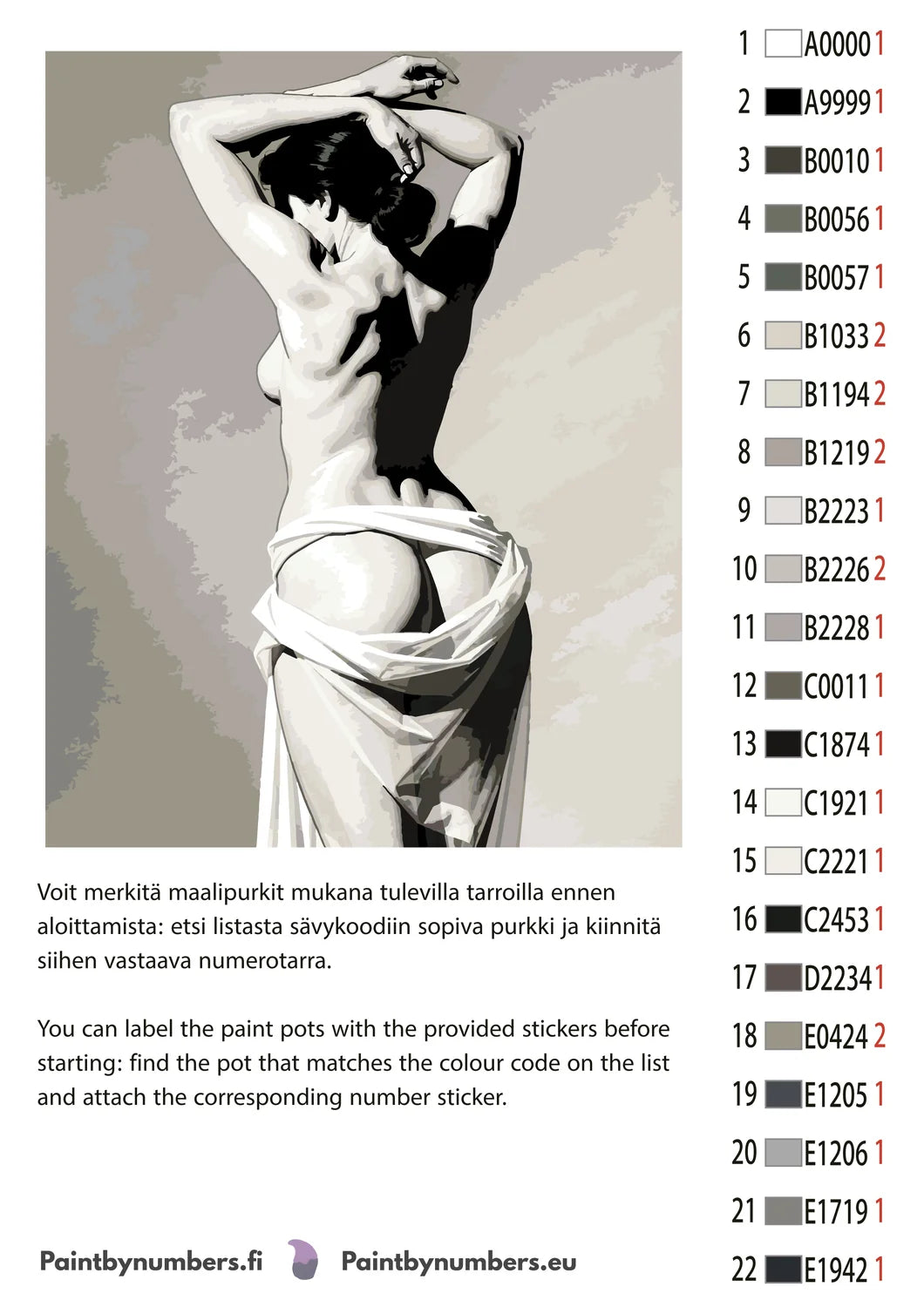 Paint by numbers color chart - Woman Back Nude Draped - väriluettelo ja ohjeet