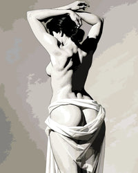 Thumbnail for Numeromaalaus naisesta selin, valkoinen kangas lanteilla, neutraalit sävyt.