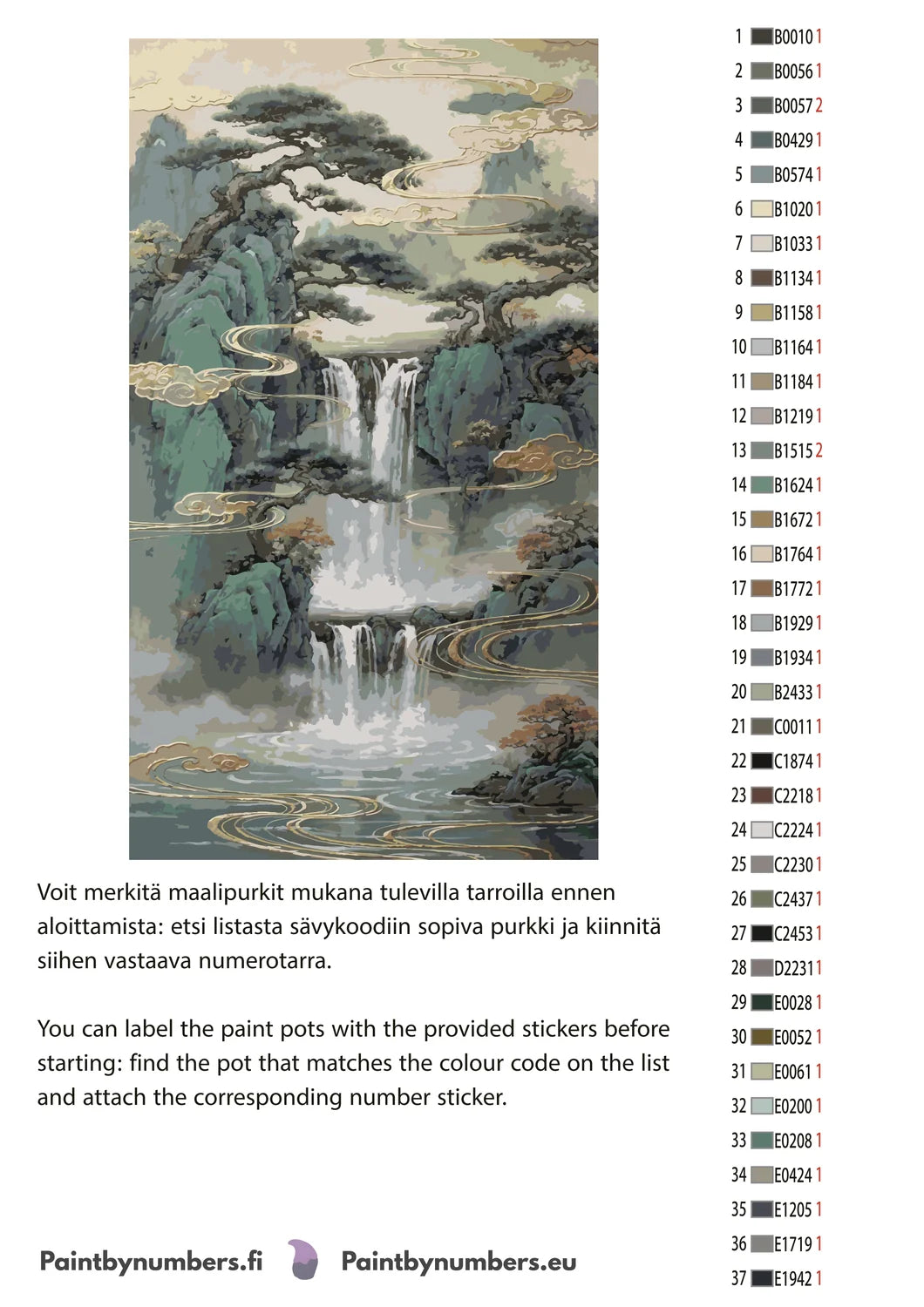 Paint by numbers color chart - Waterfall and Pine Trees - väriluettelo ja ohjeet