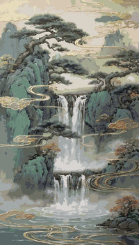 Thumbnail for Numeromaalaus vesiputouksesta, männyistä ja kultaisista pilvistä.